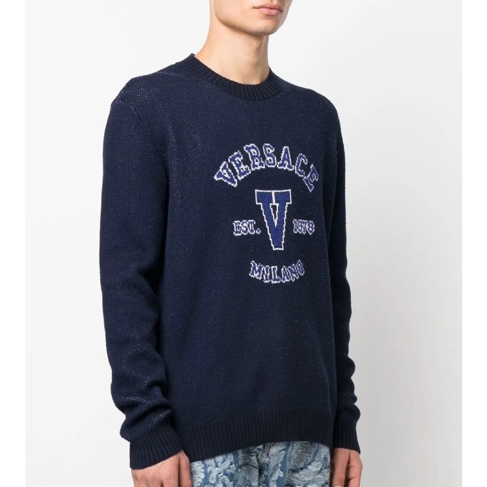 NEW NWT AUTHENTIC VERSACE MEN INTARSIA KNIT LOGO JUMPER SWEATER PULLOVER IT50 L